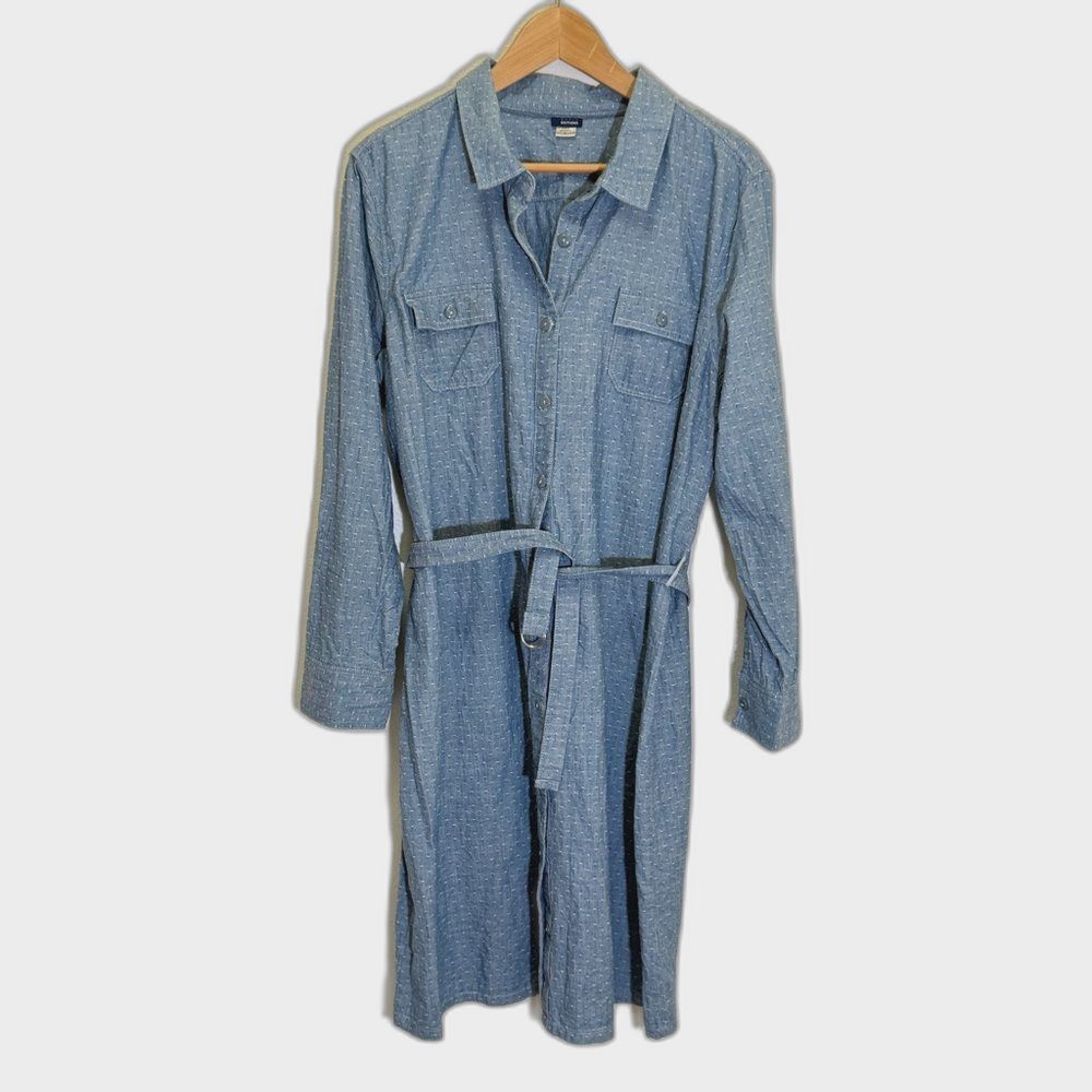 Basic Editions - Belted Denim Polka Dot Shirt Dress Long Sleeve  - size L
